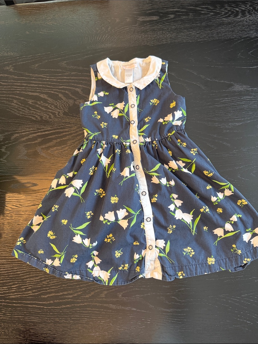 Janie and Jack Girls' Navy Floral Button-Front Dress with White Trim